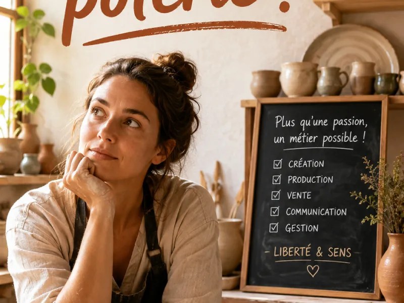 Potière songeuse dans son atelier, entourée de ses créations en céramique